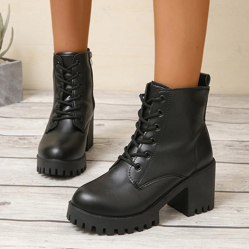 Fashionable New Comfortable and Wear-resistant Women's Work Boots Winter Elegant Solid Color Round Toe Lace Up Short Boots