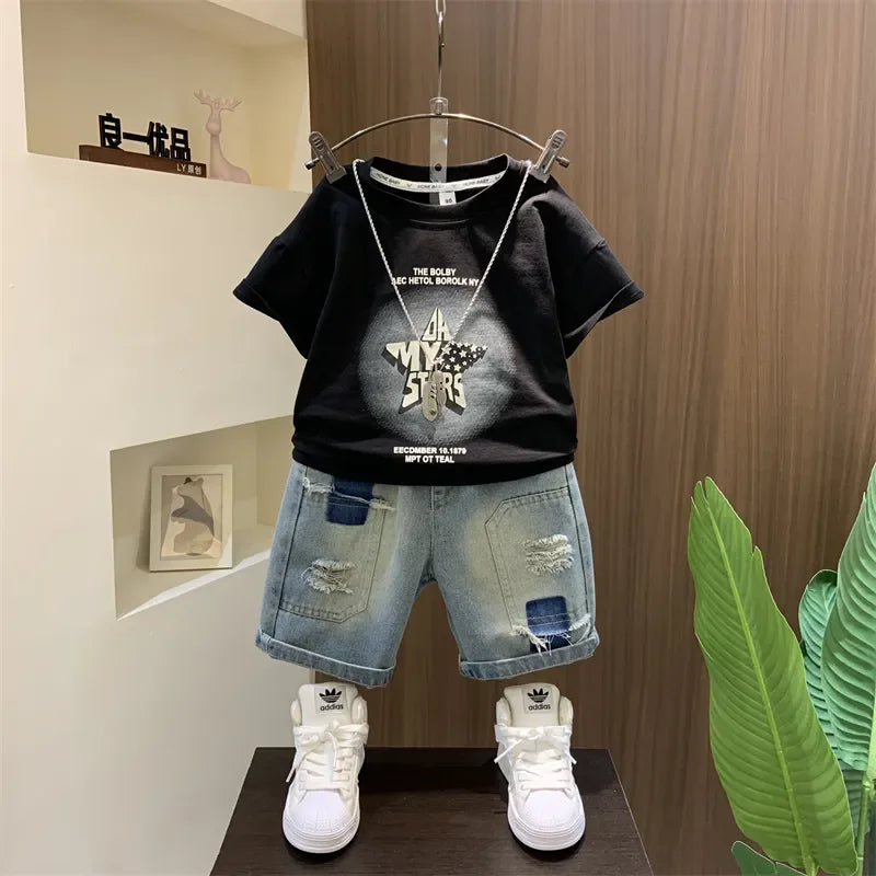 Korean Baby Boys Summer Sets Children's Clothing Short-Sleeved Letter T-Shirt & Denim Shorts Kids Boys Outfits Clothes 2-11Y