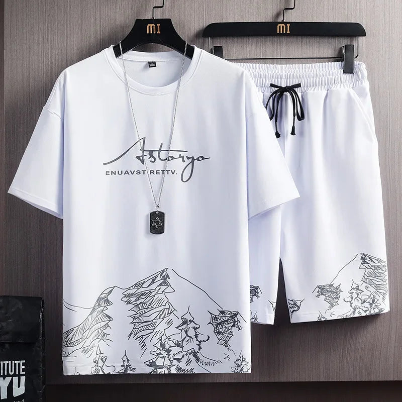 Ice Sensation Printed Summer Short Sleeve T-Shirt Set Men's Loose Basketball Sports Two-Piece Quick Dry Breathable Casual Wear