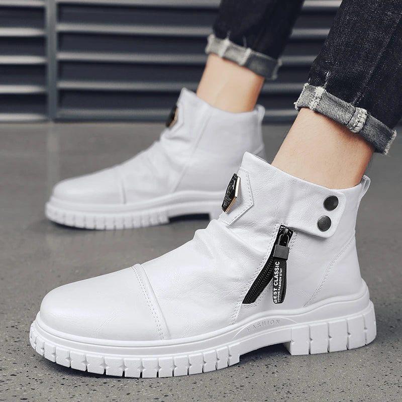 Fashion Mens Ankle Boots British Style High Top Casual Shoes Outdoor Walking Shoes Non-slip Work Boots Comfortable Leather Boots