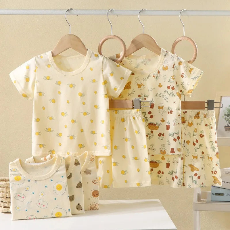 Summer Korean Nordic Style 0-5Y Kids Pajama Set Cotton Animal Print Pure Cotton Baby Girl Boy Sleeping Suit Casual Loose Clothes