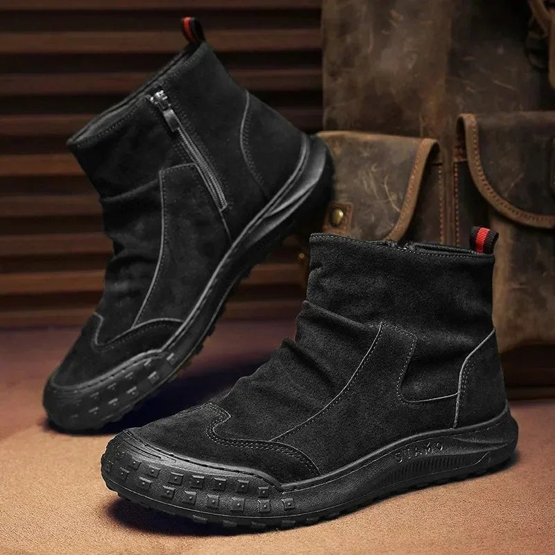 Boots for Men Retro Side Zipper Men's Ankle Boot Pleated Designer Men Boots  Outdoor Non Slip Workwear Booties Botas Para Hombre