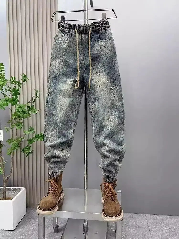 2025 Spring and Autumn Trendy Men's Versatile Cool and Trendy Washed Blue Casual Fashion Drawstring Loose Fit Jeans