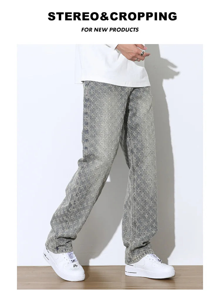 2025 Jacquard Full Print High Street Trendy Brand Ins Design Sense Jeans Loose Straight Tube Washed Wide Leg Long Pants
