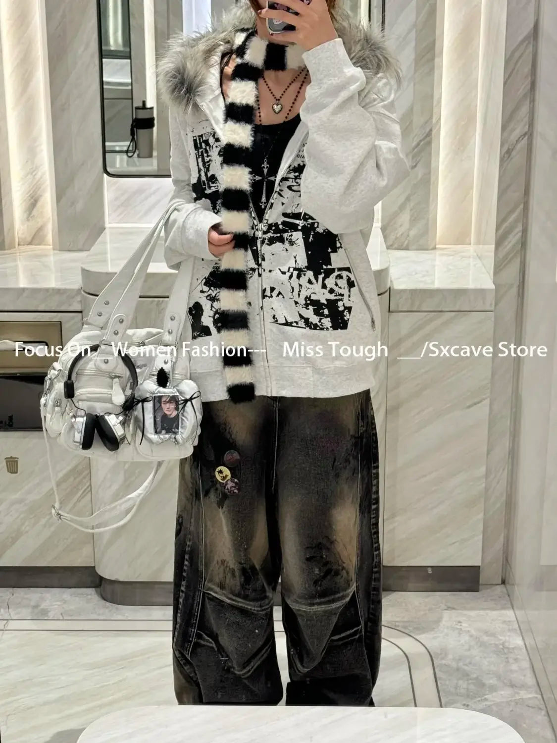 Subculture Vintage Faux Fur Hooded Women Casual Y2k Clothing Korean Fashion Sweatshirts Harajuku Gothic Printed Coats Jackets