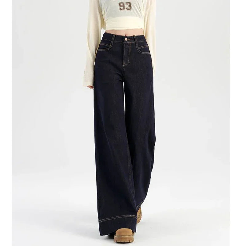 Girls High Waist Leisure Retro Jeans Female Korean Baggy Straight Leg Denim Trousers Women Fashion Bell Bottom Pants