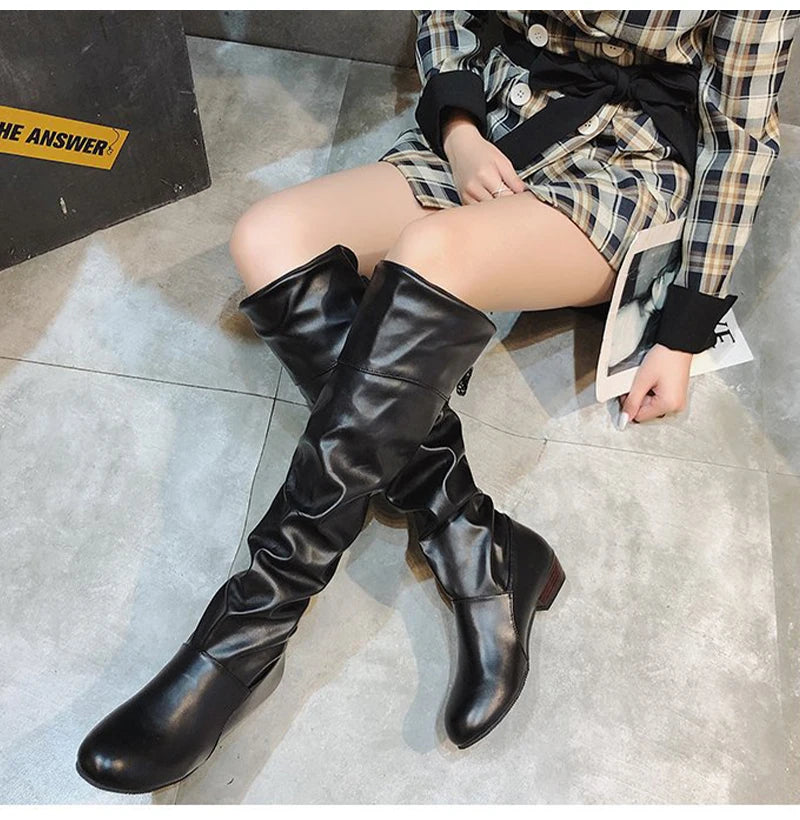 2023Shoes For Women  Knee High Boots Red Black White Tall Boots Woman Pleated Low Heel Casual Leather Female Long Shoes