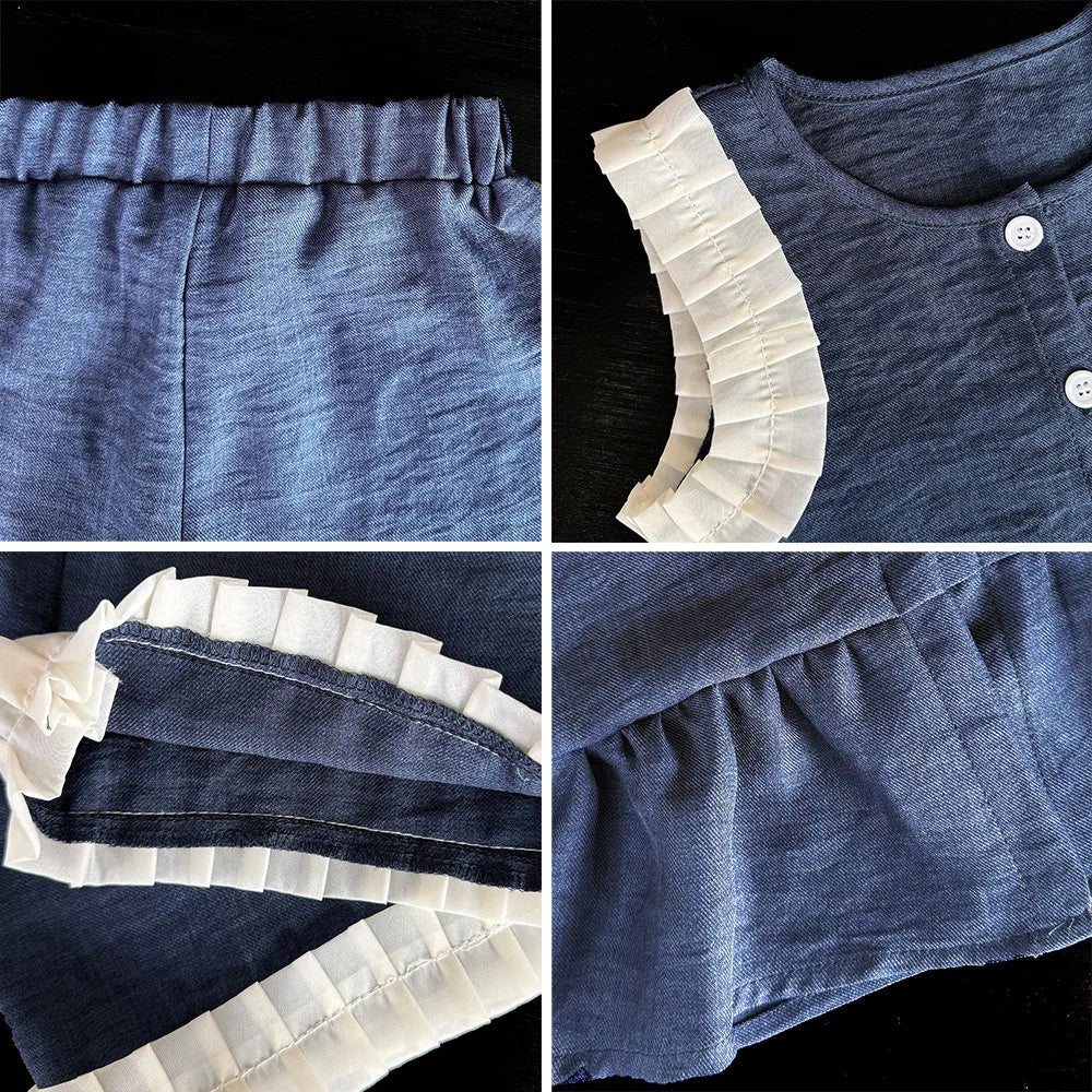 Bear Leader Korean Version Kids Clothes Girls Blue Imitation Denim Suit Summer New Sleeveless Top+Wide Leg Pants Two-piece Set