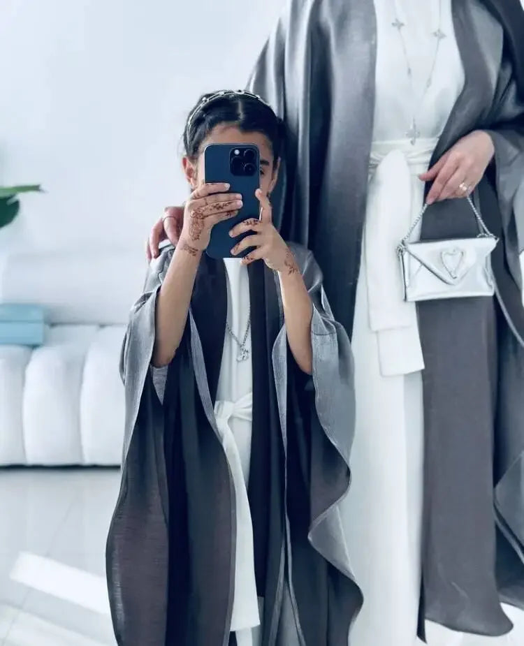 New Mother and Daughter Abaya Dubai Muslim Women Kids Girls Maxi Dress 2pcs Set Eid Djellaba Jalabiya Turkey Kimono Islamic Robe