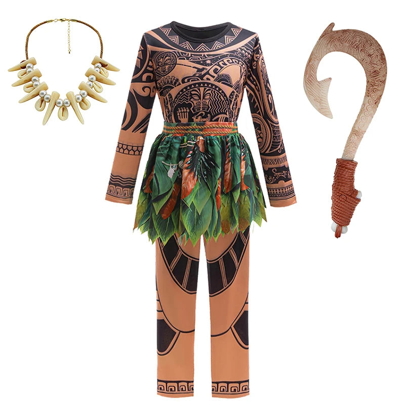 Summer Fancy Girl Princess Moana Dress Halloween Cosplay Carnival Party Primitive Tribes Maui Boys Costume Cartoon Kids Clothes