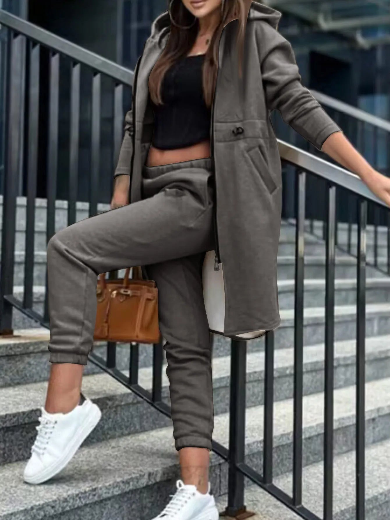 Pant Sets Women Hooded Zipper Long Coats Two Piece Suits Casual Straight Pants Thick Warm Coat Solid Sporty Autumn Winter