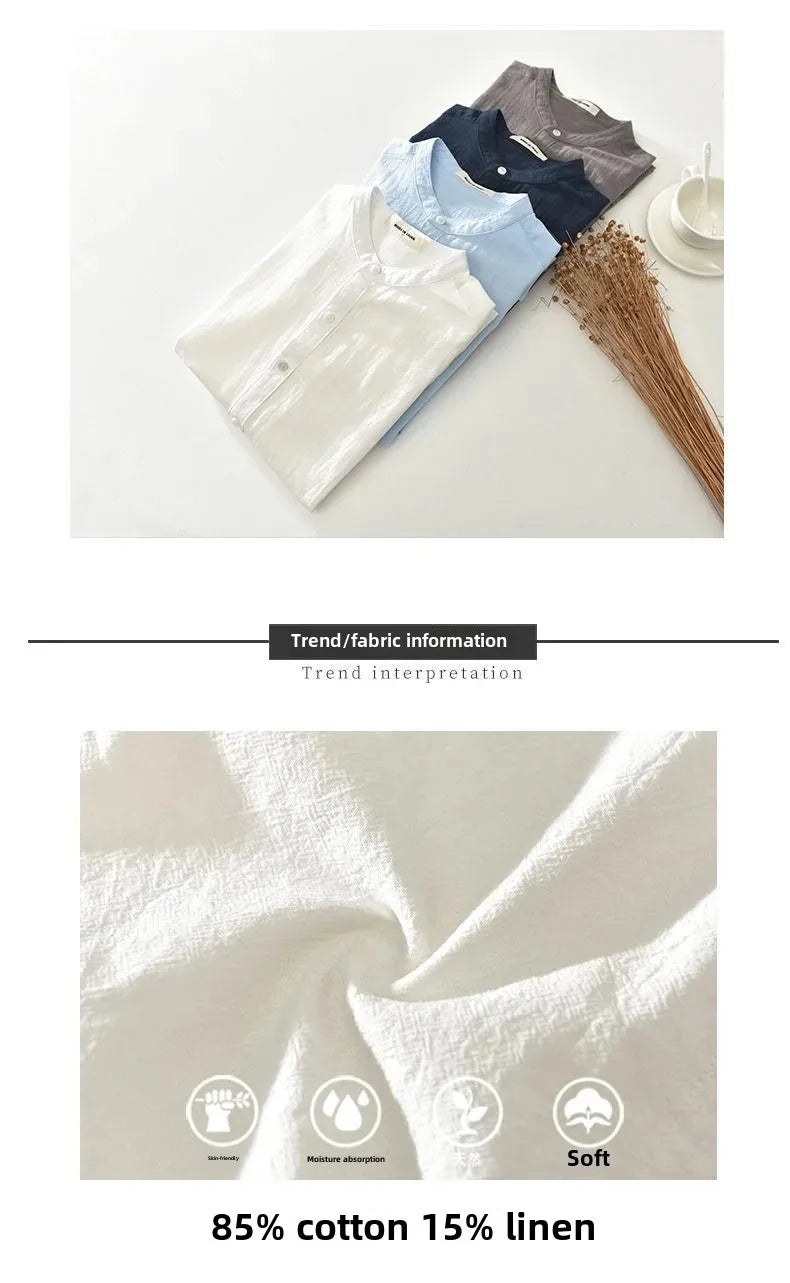 Japanese Style Loose Fit Lightweight Short Sleeve Linen Shirt round Neck Summer Casual Menswear White Cotton Linen Blend
