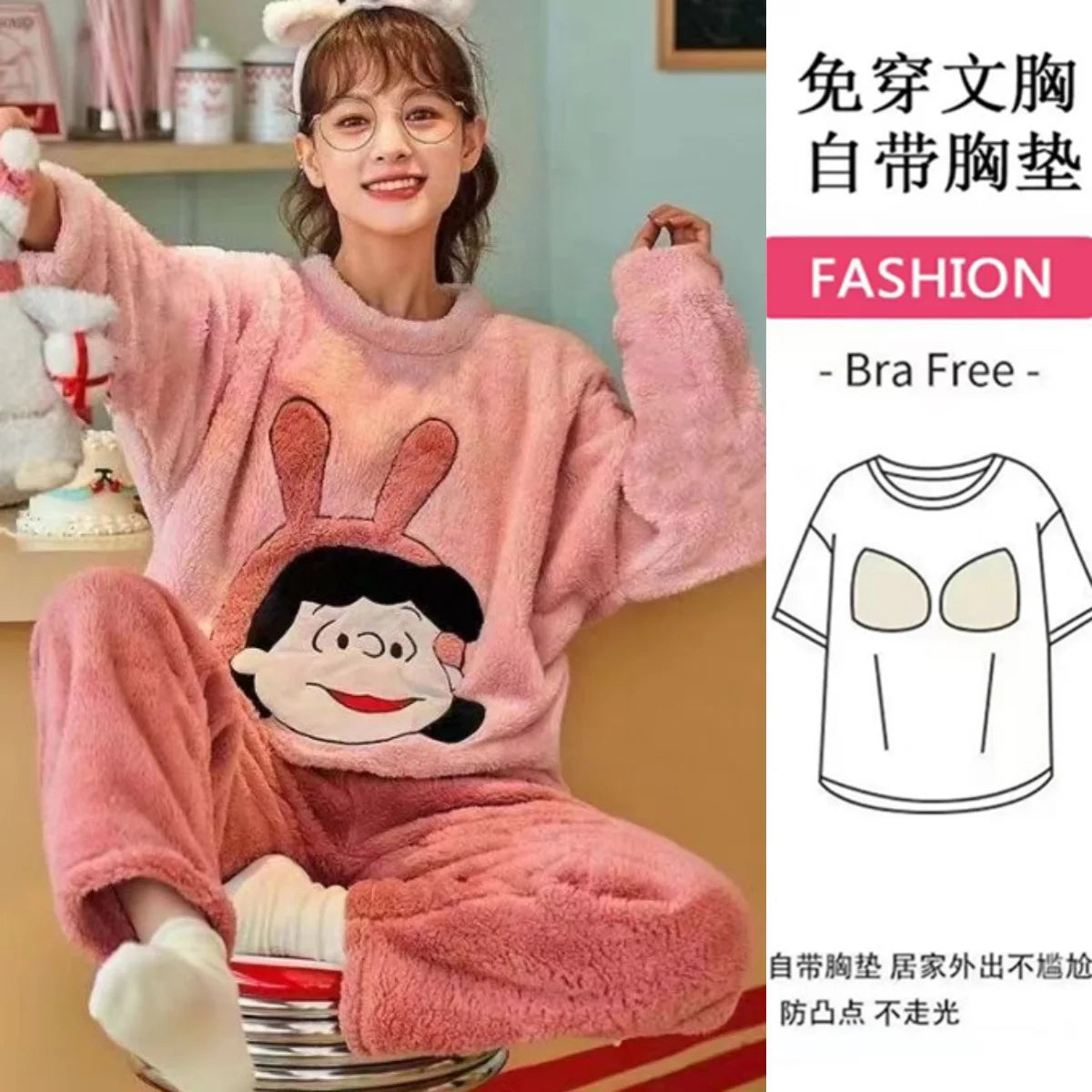 Thickened Long Sleeve Home Clothes Set with Chest Pad Winter Coral Fleece Korean Style Student Cute Large Size Home Clothes Set