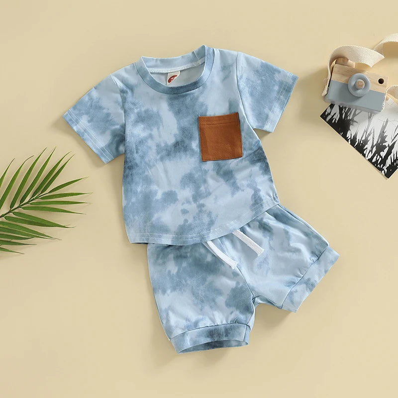 Summer Fashion Baby Boys Suit Tie-dye Print Short Sleeve Crew Neck T-shirt + Elastic Waist Shorts 2Pcs Infant Toddler Sets
