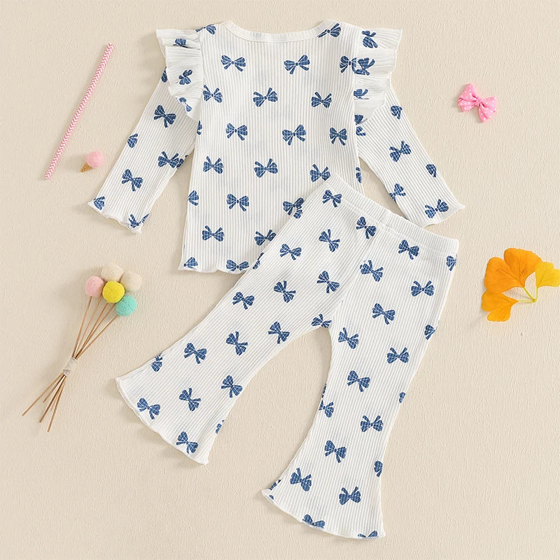 Pudcoco Kid Infant Baby Girls Pants Set, Bow Print Long Sleeve Crew Neck T-shirt with Flare Pants Fall Outfit 6M-4T