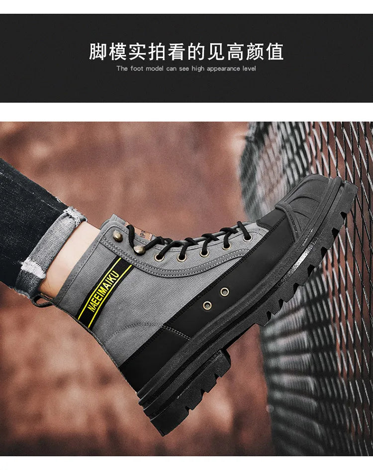 Boots Men's Shoes  Autumn and Winter Breathable High-top Boots Heightened Thick-soled All Match Canvas Casual Shoes Mens Boots