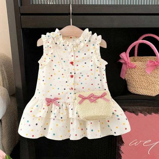 Cotton Dress for Baby Girl Heart Shaped Button Colorful Polka Dot Bow Dress Send Bag