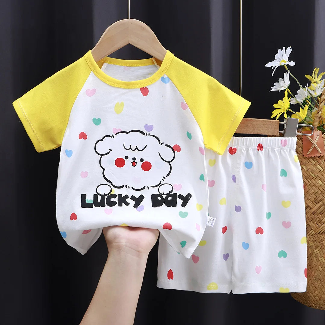 New Boys Summer Clothing Set Full Bear Print Cotton Short Sleeve T-shirts and Shorts 2PCS Breathable Outfit For Girls