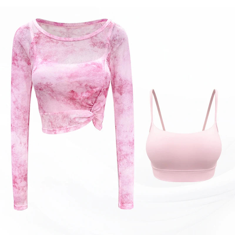 2PCS Gym Top Bra with T-Shirt Women Fitness Sport Crop Top Sexy Long Sleeve Shirt Quick Dry Yoga Shirt Outdoor Clothes