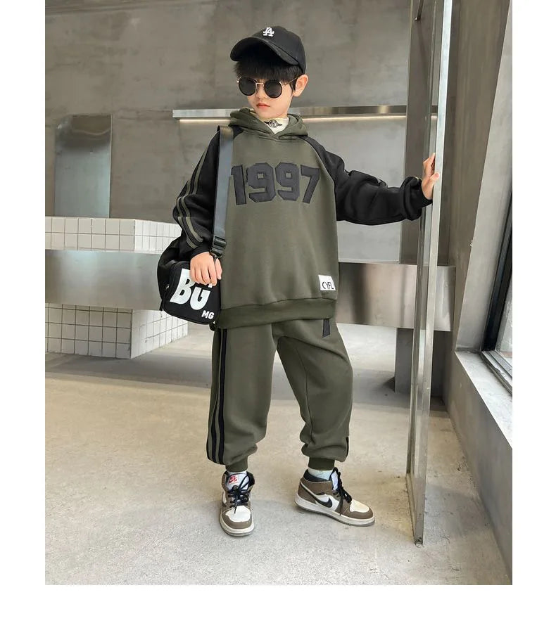 2025 winter autumn Boys Clothes Set cotton Velvet Sweatshirt hooded + Pants Tracksuits Kids Suit Children 4 8 9 10 11 12 14 Year