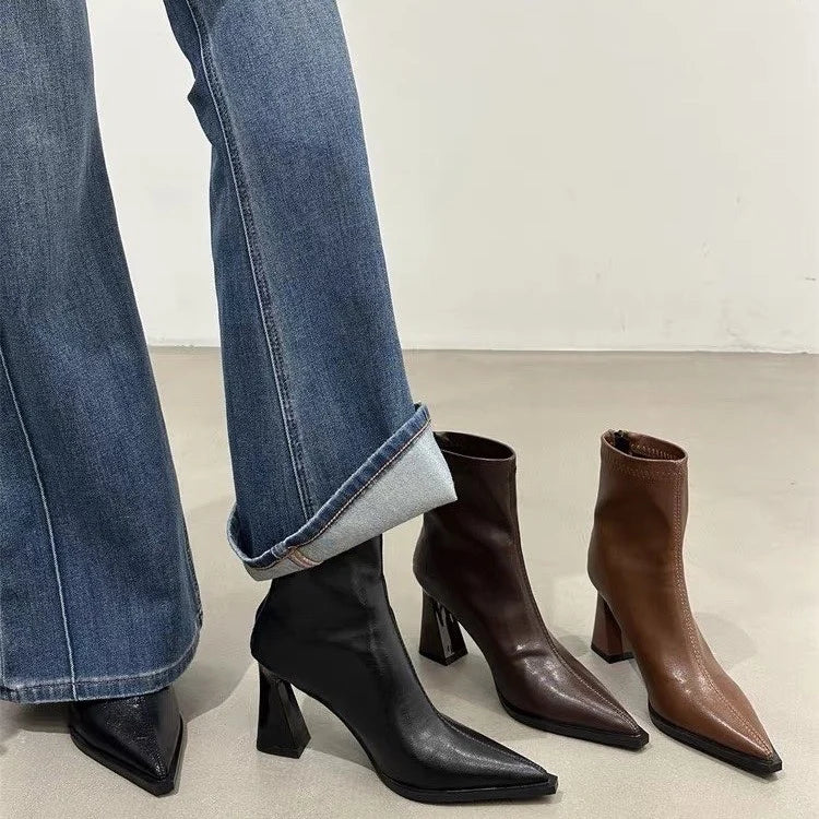 2025 Women Fashion Chelsea Ankle Boots Basic High Heels Boots Pointed Toe Shoes Women Band Non-slip Comfortable Boots 9989