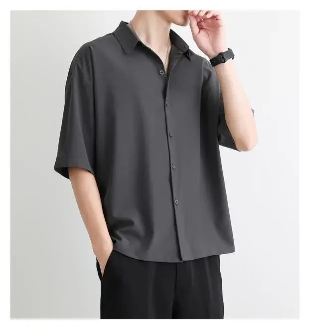 Men's Summer Loose Thin Ice Silk Short Sleeve White Shirt Half Sleeve Open Cardigan Breathable Korean Style Casual Top