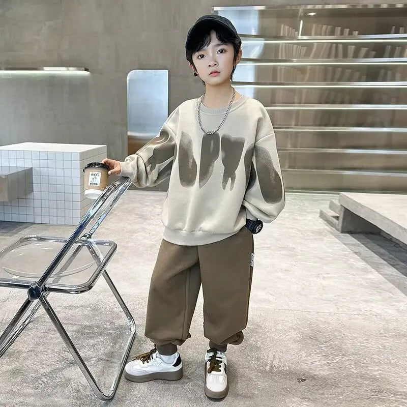 2025  winter autumn Boys Clothes Set cotton loose Sweatshirt hooded + Pants Tracksuits Kids Suit Children 4 8 9 10 11 12 14 Year