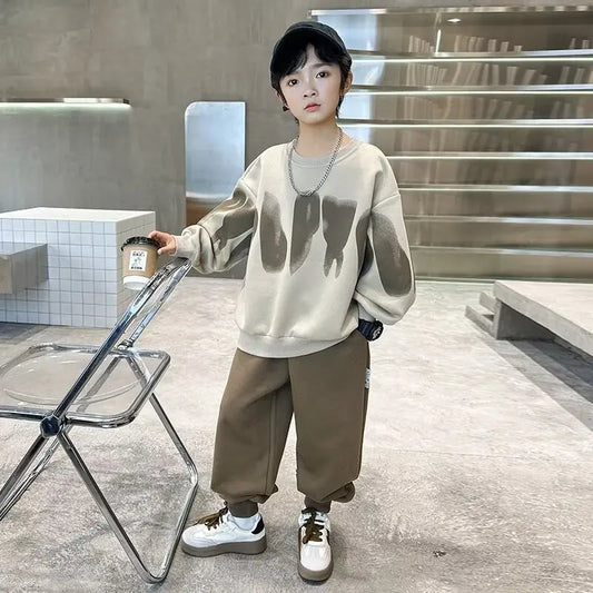 2025  winter autumn Boys Clothes Set cotton loose Sweatshirt hooded + Pants Tracksuits Kids Suit Children 4 8 9 10 11 12 14 Year