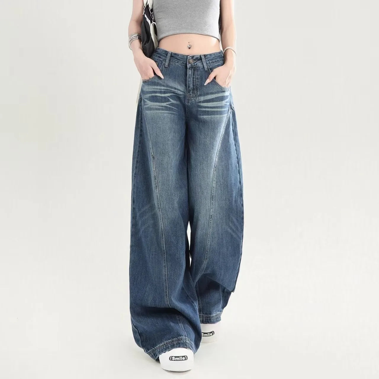 American Retro Deep Blue Wide Leg Denim Jeans Women Summer High Waist Draping Loose Slim Straight Casual Long Trousers