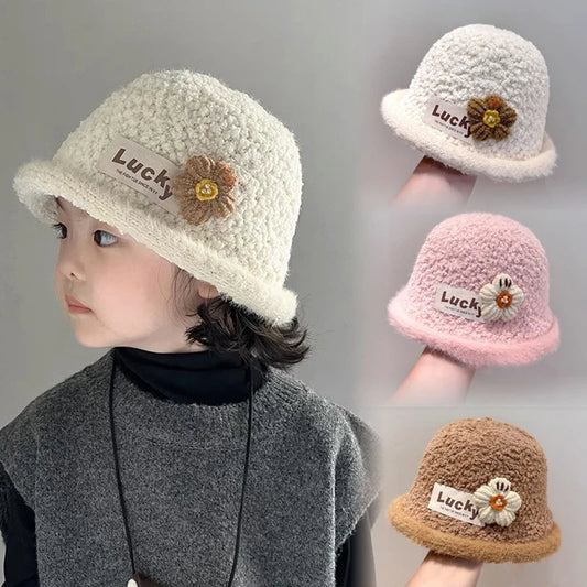Winter Warm Baby Knitted Bucket Hat Sweet Crochet Flower Girls Curled Fisherman Hats 2-8Year Children Thicken Woolen Basin Cap