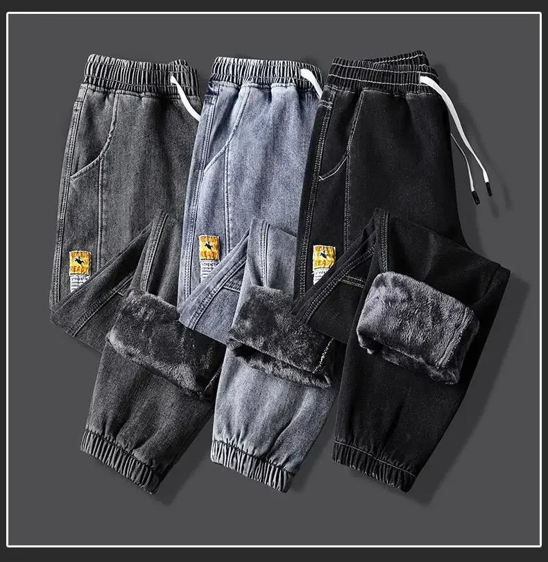 2023New Men's jeans Winter Fleece Jeans Thick Warm Denim Pants Men Streetwear Black Joggers Harem Jean Thermal Trousers