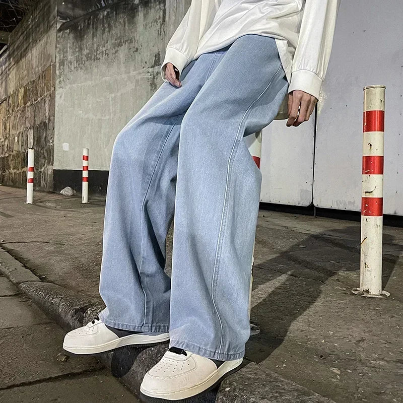 Men Casual Loose Jeans Male Streetwear Fashion Straight Wide Leg Denim Pants Elastic Waist Comfortable Solid Color Gray Trousers